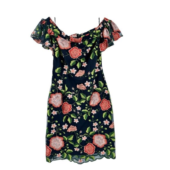Trina Turk Sz 6‎ Refreshing Off Shoulder Floral Embroider Cottage Shabby Dress - Picture 1 of 8